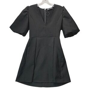 Zara Women's S Puff Sleeve A-Line Mini Dress Black V Neck Party Cocktail